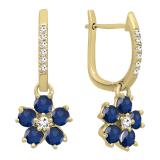 14K Yellow Gold Round Blue Sapphire & Diamond Ladies Cluster Flower Dangling Drop Earrings