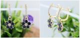 14K Yellow Gold Round Blue Sapphire & Diamond Ladies Cluster Flower Dangling Drop Earrings