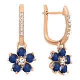 18K Rose Gold Round Blue Sapphire & Diamond Ladies Cluster Flower Dangling Drop Earrings
