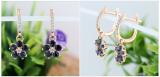 18K Rose Gold Round Blue Sapphire & Diamond Ladies Cluster Flower Dangling Drop Earrings