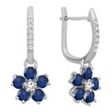 18K White Gold Round Blue Sapphire & Diamond Ladies Cluster Flower Dangling Drop Earrings