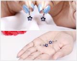 18K White Gold Round Blue Sapphire & Diamond Ladies Cluster Flower Dangling Drop Earrings