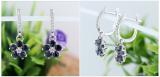 18K White Gold Round Blue Sapphire & Diamond Ladies Cluster Flower Dangling Drop Earrings