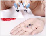 18K Yellow Gold Round Blue Sapphire & Diamond Ladies Cluster Flower Dangling Drop Earrings