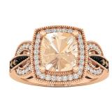 10K Rose Gold Cushion 8X7 MM Morganite & Round Champagne & White Diamond Ladies Engagement Ring