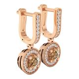 1.00 Carat (ctw) 10K Rose Gold Round Champagne & White Diamond Ladies Halo Dangling Earrings