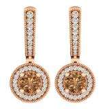 1.00 Carat (ctw) 10K Rose Gold Round Champagne & White Diamond Ladies Halo Dangling Earrings
