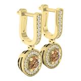 1.00 Carat (ctw) 14K Yellow Gold Round Champagne & White Diamond Ladies Halo Dangling Earrings