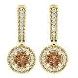 1.00 Carat (ctw) 14K Yellow Gold Round Champagne & White Diamond Ladies Halo Dangling Earrings