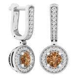 1.00 Carat (ctw) 18K White Gold Round Champagne & White Diamond Ladies Halo Dangling Earrings