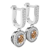 1.00 Carat (ctw) 18K White Gold Round Champagne & White Diamond Ladies Halo Dangling Earrings