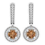 1.00 Carat (ctw) 18K White Gold Round Champagne & White Diamond Ladies Halo Dangling Earrings