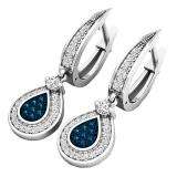 0.55 Carat (ctw) Sterling Silver Round Cut Blue & White Diamond Ladies Drop Earrings