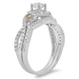 1.05 Carat (ctw) 10K White Gold Round Champagne & White Diamond Ladies Engagement Ring Set 1 CT