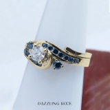 0.95 Carat (ctw) 10K Yellow Gold Round Blue And White Diamond Ladies Engagement Ring Set 1 CT