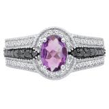 Sterling Silver 7X5 Oval Cut Amethyst & Round Black & White Diamond Ladies Bridal Engagement Ring