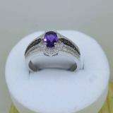 Sterling Silver 7X5 Oval Cut Amethyst & Round Black & White Diamond Ladies Bridal Engagement Ring