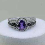 Sterling Silver 7X5 Oval Cut Amethyst & Round Black & White Diamond Ladies Bridal Engagement Ring