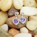 Sterling Silver 6X6 MM Each Heart Cut Amethyst & Round Diamond Ladies Drop Earrings