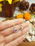 Sterling Silver 6X6 MM Each Heart Cut Amethyst & Round Diamond Ladies Drop Earrings