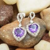 Sterling Silver 6X6 MM Each Heart Cut Amethyst & Round Diamond Ladies Drop Earrings