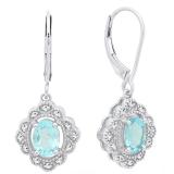 Sterling Silver 7X5 MM Oval Cut Blue Topaz And Round Diamond Ladies Vintage Cluster Drop Earrings