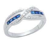 Sterling Silver Princess Blue Sapphire & Round White Diamond Swirl Style Ladies Engagement Ring