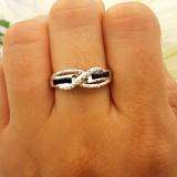 Sterling Silver Princess Blue Sapphire & Round White Diamond Swirl Style Ladies Engagement Ring
