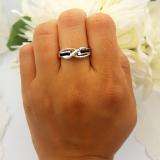 Sterling Silver Princess Blue Sapphire & Round White Diamond Swirl Style Ladies Engagement Ring