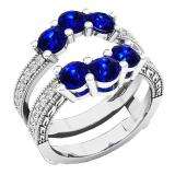 10K White Gold Round Cut 4 MM Blue Sapphire & White Diamond Ladies Wedding 3 Stone Double Band