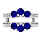 10K White Gold Round Cut 4 MM Blue Sapphire & White Diamond Ladies Wedding 3 Stone Double Band