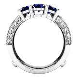 10K White Gold Round Cut 4 MM Blue Sapphire & White Diamond Ladies Wedding 3 Stone Double Band