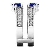 10K White Gold Round Cut 4 MM Blue Sapphire & White Diamond Ladies Wedding 3 Stone Double Band