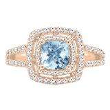 10K Rose Gold 6 MM Cushion Aquamarine & Round White Diamond Ladies Halo Engagement Ring