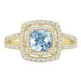 10K Yellow Gold 6 MM Cushion Aquamarine & Round White Diamond Ladies Halo Engagement Ring