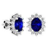 Sterling Silver 8X6 MM Oval Cut Lab Created Blue & Round White Sapphire Ladies Fashion Stud Earrings