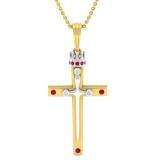 18K White & Yellow Gold Round Ruby & Diamond Ladies Cross Crown Pendant (Chain Included)