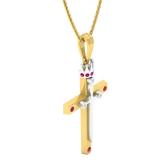 18K White & Yellow Gold Round Ruby & Diamond Ladies Cross Crown Pendant (Chain Included)