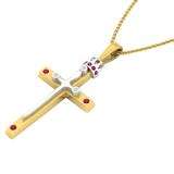 18K White & Yellow Gold Round Ruby & Diamond Ladies Cross Crown Pendant (Chain Included)