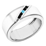 14K White Gold Round Cut Blue Topaz & Black Diamond Men's Fashion 5 Stone Wedding Band
