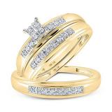 Round White Diamond Square Cluster Matching Bridal Engagement Trio Ring Set 1/4 CT (0.25 ctw Color I-J Clarity I2-I3) in 10K Yellow Gold