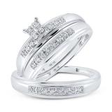 Round White Diamond Square Cluster Matching Bridal Engagement Trio Ring Set 1/4 CT (0.25 ctw Color I-J Clarity I2-I3) in 925 Sterling Silver
