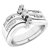 0.40 Carat (ctw) 18K White Gold Marquise baguette & Round Diamond Bridal Engagement Ring Set
