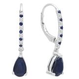 18K White Gold 8X5 MM Pear & Round Cut Blue Sapphire & Round Diamond Ladies Dangling Drop Earrings