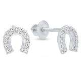 0.13 Carat (Ctw) 14K White Gold Round White Diamond Ladies Horse Shoe Earrings