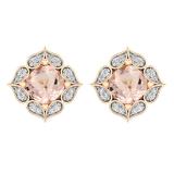14K Rose Gold Cushion Cut 6 MM Morganite & Round Cut White Diamond Ladies Stud Earrings