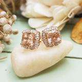14K Rose Gold Cushion Cut 6 MM Morganite & Round Cut White Diamond Ladies Stud Earrings