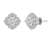 925 Sterling Silver Flower Stud Earrings, 2.65 CT Cushion and Round Cubic Zirconia in Push Back