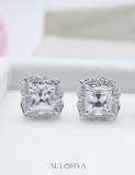 925 Sterling Silver Flower Stud Earrings, 2.65 CT Cushion and Round Cubic Zirconia in Push Back