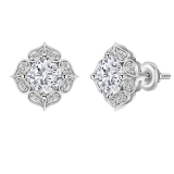925 Sterling Silver Flower Stud Earrings, 2.65 CT Cushion and Round Cubic Zirconia in Screw Back